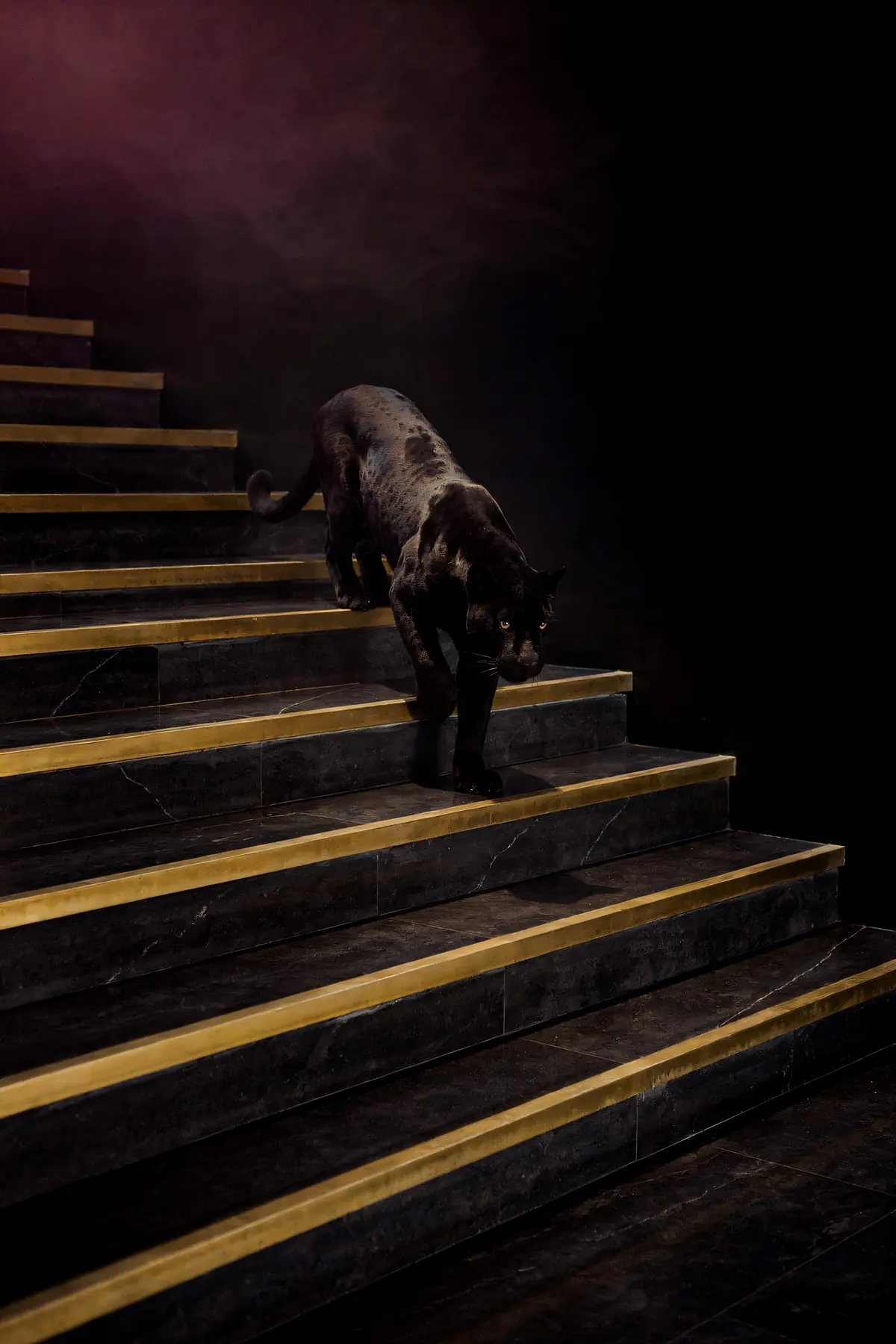 Black Panther Wall Art — Panther on Brass Staircase Print, brass and black digital art print