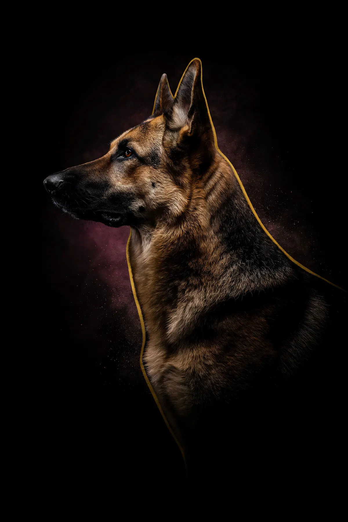 German Shepherd Wall Art — Brass Rim Light Shepherd Print, brass and black digital art print