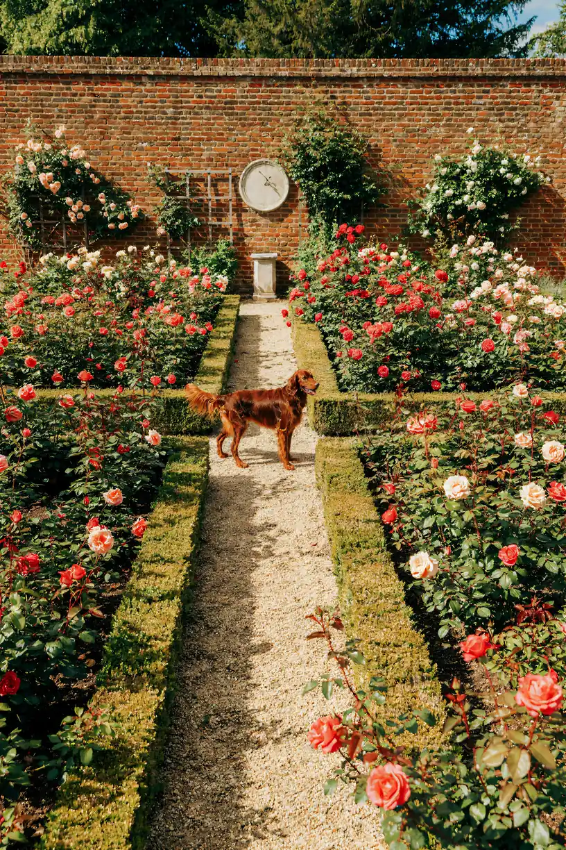 Irish Setter Wall Art — Rose Garden Print, brass and black digital art print