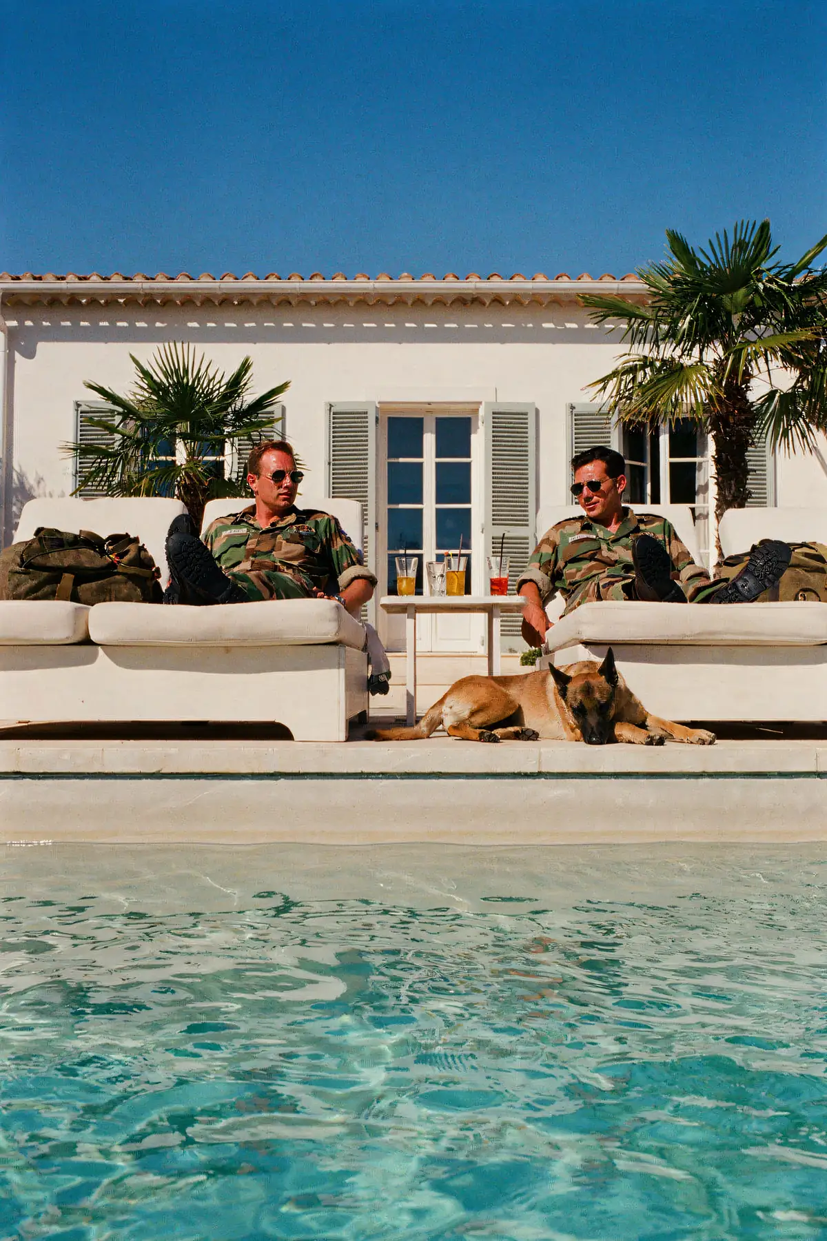 Military Dog Wall Art — Off Duty Soldiers Poolside Print, brass and black digital art print
