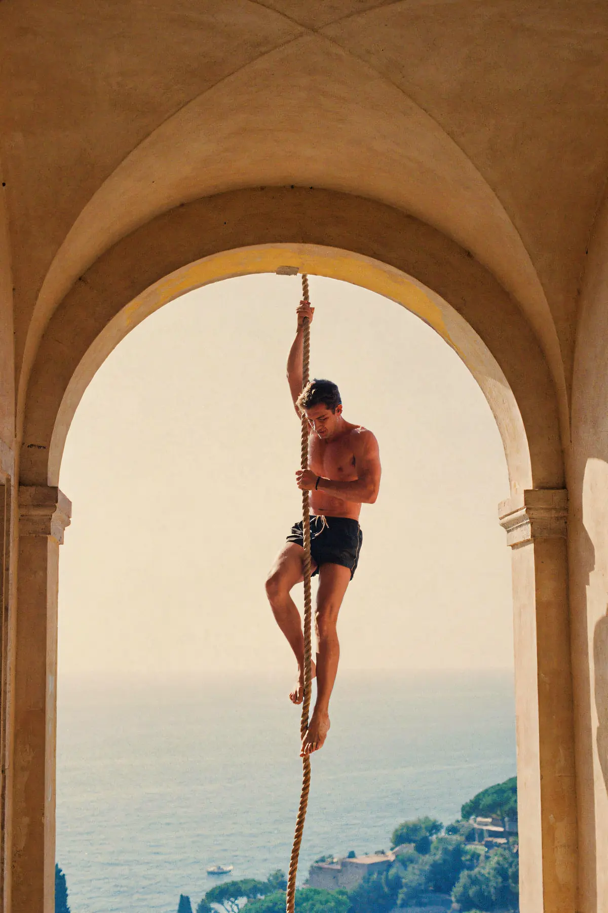 Rope Climb Wall Art — Vintage Villa Archway Print, brass and black digital art print